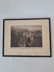 Фото постер винтажный в деревянной раме, черно-белая фотография замка Нойшнанштайн, 39,5 x 31,5 см, Германия, 1970-80гг.