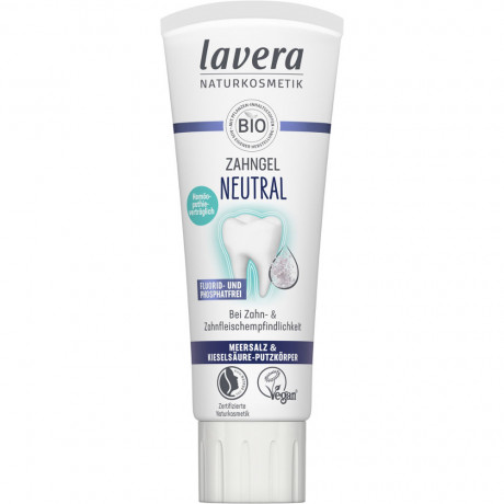 LAVERA Zahngel Neutral Fluoridfrei, 75 ml, Лавера Зубная паста без фтора для бережного очищения зубов, очищающий диоксид кремния и морская соль, 75 мл