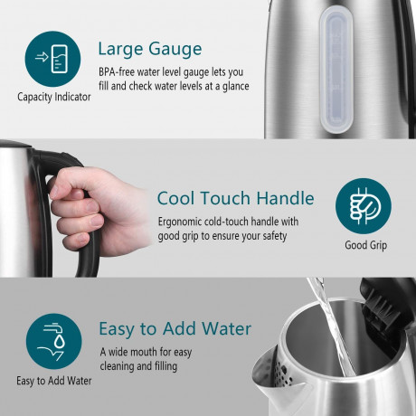 OKA OKA Wasserkocher Edelstahl-Wasserkocher 2200W fur schnelles Aufkochen, 2200,00 W, 1,7L Fassung,Sichtfenster,automatisch abschaltend,inkl.Kalkfilter Чайник OKA Чайник из нержавеющей стали 2200 Вт для быстрого закипания, 2200,00 Вт, объем 1,7 л, смотро