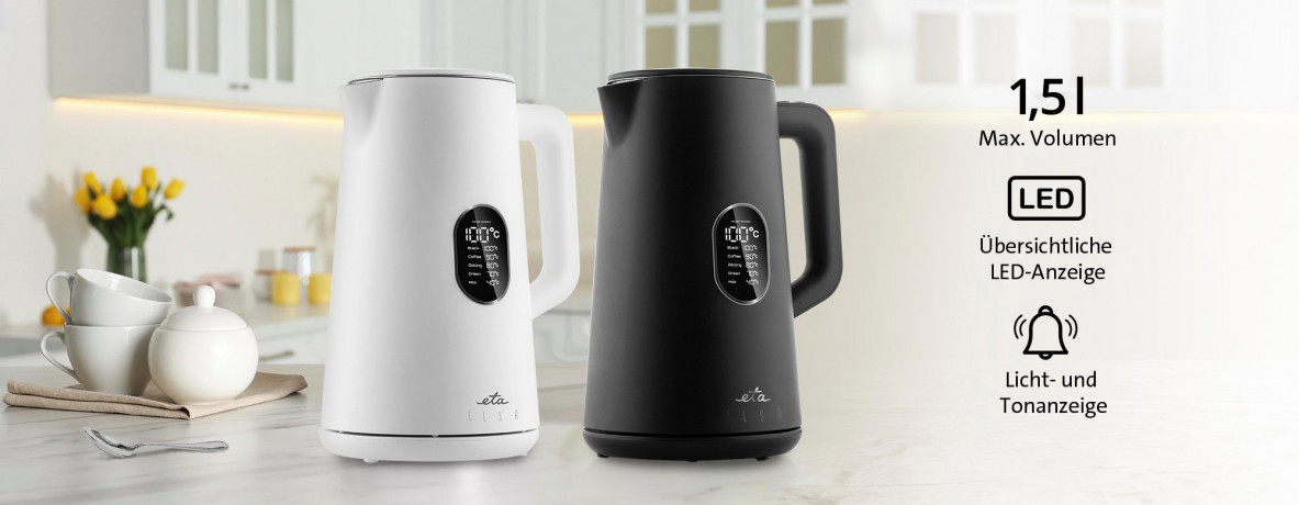 eta eta Wasserkocher ELSA schwarz ETA559790000, 1,5 l, 1800 W, Doppelwandiges Design zum Schutz vor Verbrennungen чайник ELSA черный ETA559790000, 1,5 л, 1800 Вт, конструкция с двойными стенками для защиты от ожогов