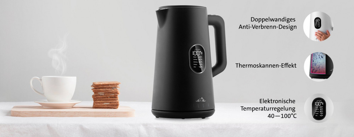 eta eta Wasserkocher ELSA schwarz ETA559790000, 1,5 l, 1800 W, Doppelwandiges Design zum Schutz vor Verbrennungen чайник ELSA черный ETA559790000, 1,5 л, 1800 Вт, конструкция с двойными стенками для защиты от ожогов