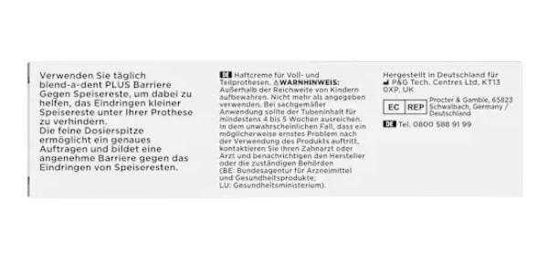 blend-a-dent Haftcreme Plus Barriere gegen Speisereste geschmacksneutral, 40 g, Крем-клей для фиксации зубных протезов Plus Барьер против остатков пищи, без вкусовых добавок, 40 г