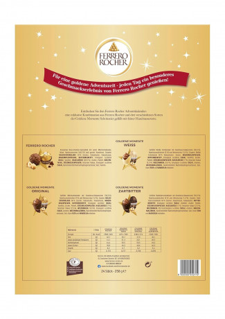 Ferrero Rocher Goldene Momente Advent Calendar, Адвент-календарь 2025 «Золотые мгновения», 24 сладких сюрприза, 44 см x 32 см, 258 грамм
