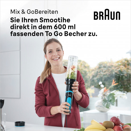 Braun Braun Stabmixer MQ 5252 BKBL MultiQuick 5 Vario, 1000 W, mit Smoothie2Go Funktion und EasyClick System, Schwarz/Blau  Погружной блендер Braun MQ 5252 BKBL MultiQuick 5 Vario, 1000 Вт, с функцией Smoothie2Go и системой EasyClick, черный/синий