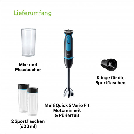 Braun Braun Stabmixer MQ 5252 BKBL MultiQuick 5 Vario, 1000 W, mit Smoothie2Go Funktion und EasyClick System, Schwarz/Blau  Погружной блендер Braun MQ 5252 BKBL MultiQuick 5 Vario, 1000 Вт, с функцией Smoothie2Go и системой EasyClick, черный/синий