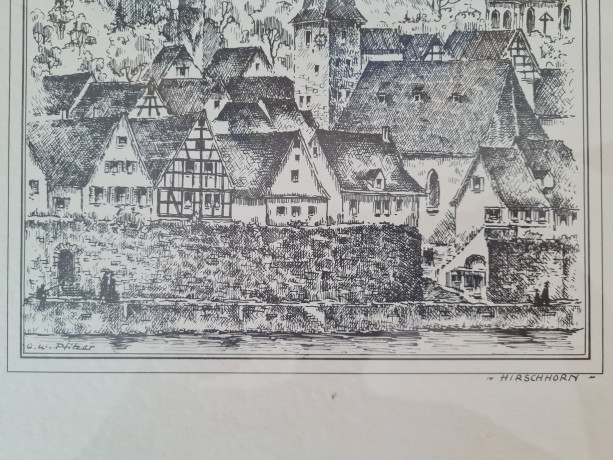 Картина винтажная в черно-белых тонах "г. Хиршхорн" O.W.Pfilze, 31 x 41 см, Германия, 1960-70гг.