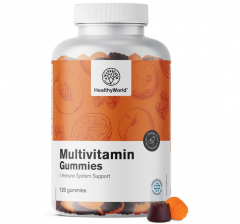 HealthyWorld Multivitamine, 120 Gummibonbons, Pfirsich Orange Brombeere, Жевательные пастилки Мультивитамины для взрослых Германия, 10 витаминов, хром и инозитол, без глютена, со вкусом персика, апельсина и ежевики, 120 шт
