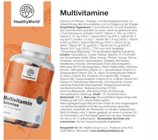HealthyWorld Multivitamine, 120 Gummibonbons, Pfirsich Orange Brombeere, Жевательные пастилки Мультивитамины для взрослых Германия, 10 витаминов, хром и инозитол, без глютена, со вкусом персика, апельсина и ежевики, 120 шт