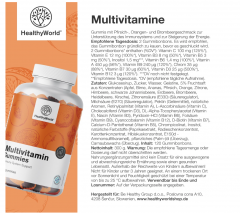 HealthyWorld Multivitamine, 120 Gummibonbons, Pfirsich Orange Brombeere, Жевательные пастилки Мультивитамины для взрослых Германия, 10 витаминов, хром и инозитол, без глютена, со вкусом персика, апельсина и ежевики, 120 шт