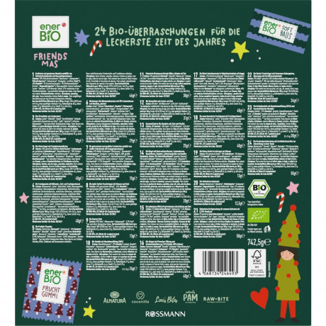 enerBiO & friends Adventskalender 2026, 24 Bio-Snacks, 742,5 g, enerBiO & friends Органический адвент-календарь 2026 со снеками, шоколадом, выпечкой и смесями, 24 сюрприза, 742,5 г