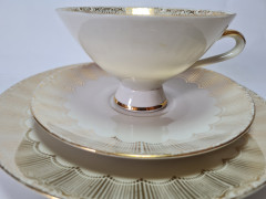 Winterling Marktleuthen Bavaria Чайное трио с позолоченным узором и разноцветными цветами на белом фарфоре, Германия, 1960-70гг.