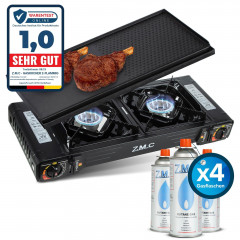 ZMC ZMC Gaskocher PREMIUM 2 flammig Campingkocher Gaskocher Grillplatte+4x Gaskartusche, (Grill Platte Tischgrill Doppel Gasbrenner Gasgrill Kochfeld mit Piezozundung Warmeleistung: 2,0KW), Butan Gas 227g Gaskocher Outdoor Camping Gas Kocher Herd Butangas
