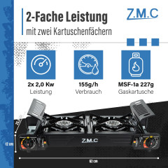 ZMC ZMC Gaskocher PREMIUM 2 flammig Campingkocher Gaskocher Grillplatte+4x Gaskartusche, (Grill Platte Tischgrill Doppel Gasbrenner Gasgrill Kochfeld mit Piezozundung Warmeleistung: 2,0KW), Butan Gas 227g Gaskocher Outdoor Camping Gas Kocher Herd Butangas