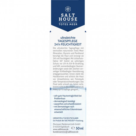 SALTHOUSE Totes Meer Ultraleichte Tagespflege LSF 50+, 50 ml, SALTHOUSE ультралёгкий дневной флюид Totes Meer с SPF 50+, эктоином, пантенолом и минералами Мёртвого моря для чувствительной кожи, 50 мл