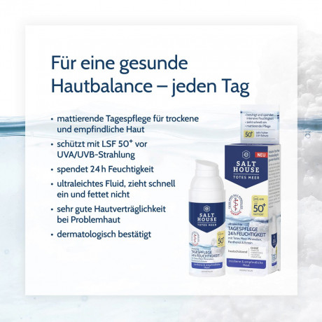 SALTHOUSE Totes Meer Ultraleichte Tagespflege LSF 50+, 50 ml, SALTHOUSE ультралёгкий дневной флюид Totes Meer с SPF 50+, эктоином, пантенолом и минералами Мёртвого моря для чувствительной кожи, 50 мл