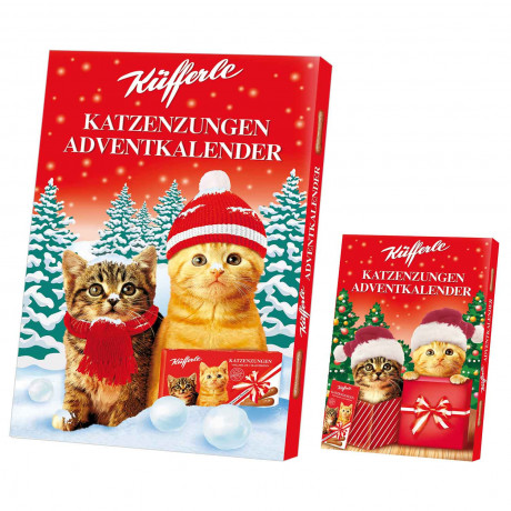 Küfferle Katzenzungen Adventskalender 2026, Адвент-календарь 2026 Küfferle Katzenzungen с молочным шоколадом, викториной и мемори, 100 г