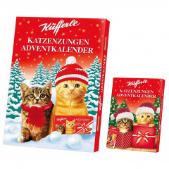 Küfferle Katzenzungen Adventskalender 2026, Адвент-календарь 2026 Küfferle Katzenzungen с молочным шоколадом, викториной и мемори, 100 г