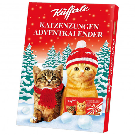 Küfferle Katzenzungen Adventskalender 2026, Адвент-календарь 2026 Küfferle Katzenzungen с молочным шоколадом, викториной и мемори, 100 г