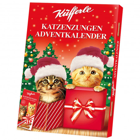 Küfferle Katzenzungen Adventskalender 2026, Адвент-календарь 2026 Küfferle Katzenzungen с молочным шоколадом, викториной и мемори, 100 г