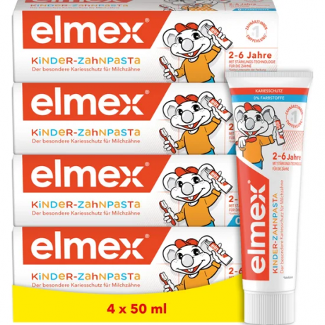 elmex Kinder Zahnpasta 2-6 Jahre 4x 50 ml Vorteilspack, Детская зубная паста Kinder с аминофторидом для молочных зубов, 2–6 лет, 4 × 50 мл