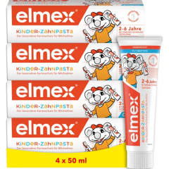 elmex Kinder Zahnpasta 2-6 Jahre 4x 50 ml Vorteilspack, Детская зубная паста Kinder с аминофторидом для молочных зубов, 2–6 лет, 4 × 50 мл