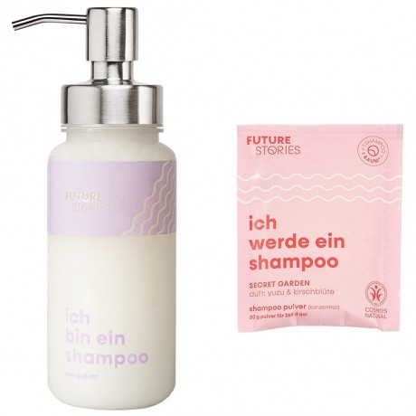 FUTURE STORIES Starterset Shampoo Pulver Yuzu & Kirschblute inkl. Pumpspender  Стартовый набор для шампуня с порошком юдзу и вишневым цветом, включая помпу-дозатор