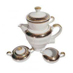 Набор для чая винтажный Neuerer KG / Germany US Zone (Bavaria) с черно-золотым орнаментом - заварочный чайник с электровилкой, молочник и сахарница, фарфор, Германия, 1946-49гг.