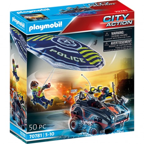 PLAYMOBIL 2er Set: Polizei-Fallschirm: Verfolgung des Amphibien-Fahrzeugs + 70648 Schlusselanhanger Polizist Набор из 2 предметов: полицейский парашют: погоня за амфибией + 70648 брелок для полицейских
