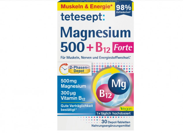 Tetesept Magnesium 500 + B12 Forte магний 500 мг с витамином B12, для мышц и нервной системы, 30 таблеток, Германия