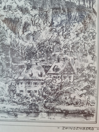 Картина винтажная в черно-белых тонах "г. Цвингенберг" O.W.Pfilze, 31 x 41 см, Германия, 1960-70гг.