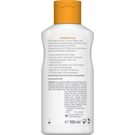 LAVERA Sonnenlotion Sensitiv Kids LSF 50, 100 ml, Лавера Солнцезащитное средство SPF 50 для высокой защиты от солнца, витамин E и био-масло ши, 100 мл