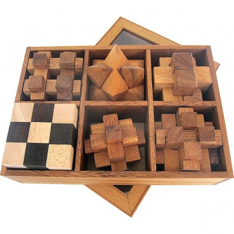 LOGOPLAY 6 Knobelspiele im Set in Geschenkbox aus Holz mit transparentem Deckel 6 пазлов в наборе в деревянной подарочной коробке с прозрачной крышкой.