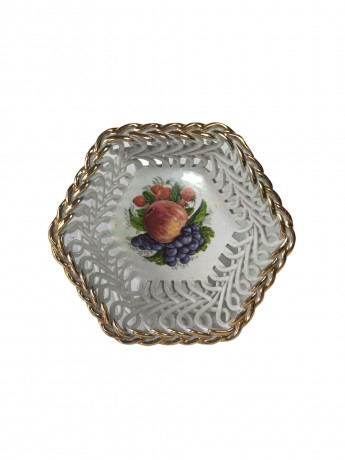 Фруктовница винтажная JRJ CLUJ малая, с ярким изображением фруктов, вырубной фарфор, 14 см, Румыния, 1970-80гг.
