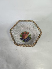 Фруктовница винтажная JRJ CLUJ малая, с ярким изображением фруктов, вырубной фарфор, 14 см, Румыния, 1970-80гг.