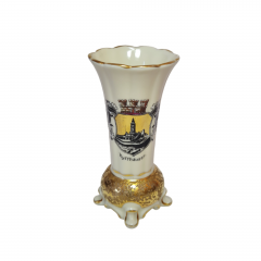 Ваза винтажная на ножках Wilheim, белый фарфор с обильной позолотой и изображением г. Киффхойзер, 10 x 5 см, Германия, 1960-70гг.