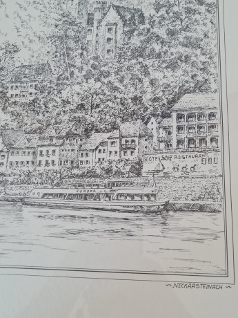 Картина винтажная в черно-белых тонах "г. Неккарштайнах" O.W.Pfilze, 31 x 41 см, Германия, 1960-70гг.