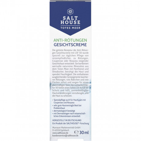 SALTHOUSE Anti-Roetungen Gesichtscreme LSF 50, 30 ml, SALTHOUSE тонированный крем Anti-Roetungen Gesichtscreme SPF 50 с зелёными пигментами, пантенолом и маслом ши против покраснений, 30 мл