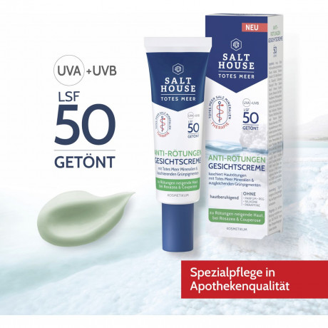 SALTHOUSE Anti-Roetungen Gesichtscreme LSF 50, 30 ml, SALTHOUSE тонированный крем Anti-Roetungen Gesichtscreme SPF 50 с зелёными пигментами, пантенолом и маслом ши против покраснений, 30 мл