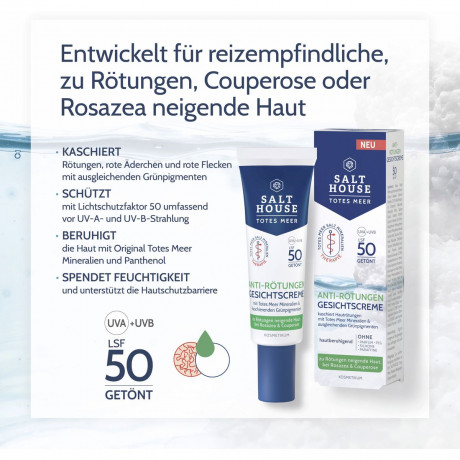 SALTHOUSE Anti-Roetungen Gesichtscreme LSF 50, 30 ml, SALTHOUSE тонированный крем Anti-Roetungen Gesichtscreme SPF 50 с зелёными пигментами, пантенолом и маслом ши против покраснений, 30 мл