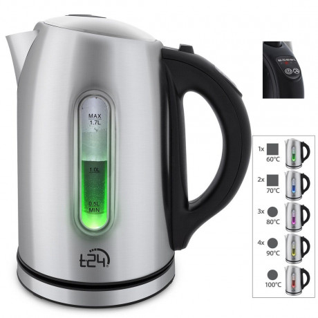 T24 T24 Wasserkocher T24 Wasserkocher 2200W Teekocher Edelstahl 1,7L Kabellos LED, 1,7 l, 2200 W, 360° Schwenksocke  Ergonomischer Griff  LED-Beleuchtung  Temperaturauswahl  Uberhitzungsschutz  Warmhaltefunktion  Чайник T24 Чайник T24 Чайник 2200 Вт, нерж