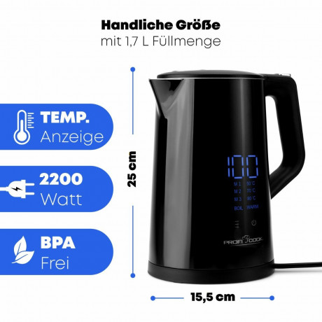 ProfiCook ProfiCook Wasserkocher PC-WKS 1243, 1,7 L Temperatureinstellung 50°-100°C, Soll  Ist Temperaturanzeige  Чайник ProfiCook PC-WKS 1243, 1,7 л, регулировка температуры 50–100°C, отображение заданной фактической температуры.