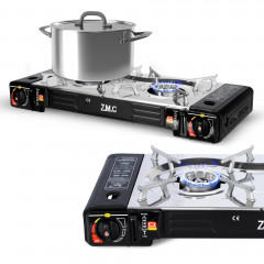 ZMC ZMC Gaskocher 2in1 Campingkocher Grillplatte mit Piezozundung + 8x Gaskartuschen, (2 Flammig Grill Platte Tischgrill Doppel Gasbrenner Gasgrill Kochfeld mit LPG Anschluss Warmeleistung: 2,3KW), Butan Gas 227g Gaskocher Outdoor Camping Gas Kocher Herd 