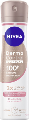 NIVEA Derma Control Clinical Ultra Dry Touch Deo Spray, 150 ml, Нивеа Дезодорант антиперспирант спрей, 2x гиалурон и витамин C, 100ч защита, ультра сухость, 150 мл