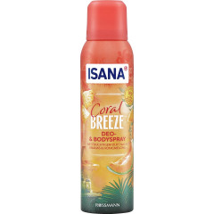ISANA Deo- & Bodyspray Coral Breeze 150ml, Изана Дезодорант-спрей для тела, ананас и медовая дыня, летняя свежесть, 150 мл