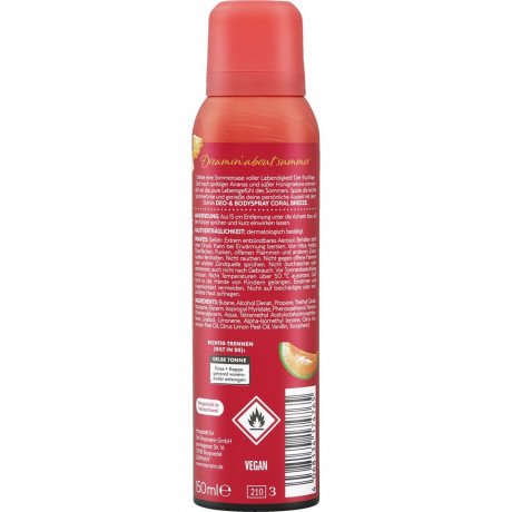 ISANA Deo- & Bodyspray Coral Breeze 150ml, Изана Дезодорант-спрей для тела, ананас и медовая дыня, летняя свежесть, 150 мл