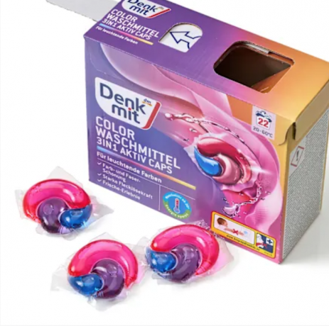 Denkmit Colorwaschmittel 3in1 Aktiv Caps, 22 Wl, Капсулы для стирки цветного белья 3 в 1 Aktiv Caps (Германия), защита цвета, против стойких пятен, свежий аромат, 22 шт