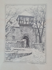 Картина винтажная в черно-белых тонах "Крепость Дильсберг" O.W.Pfilze, 31 x 41 см, Германия, 1960-70гг.