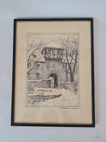 Картина винтажная в черно-белых тонах "Крепость Дильсберг" O.W.Pfilze, 31 x 41 см, Германия, 1960-70гг.