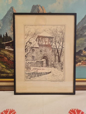 Картина винтажная в черно-белых тонах "Крепость Дильсберг" O.W.Pfilze, 31 x 41 см, Германия, 1960-70гг.