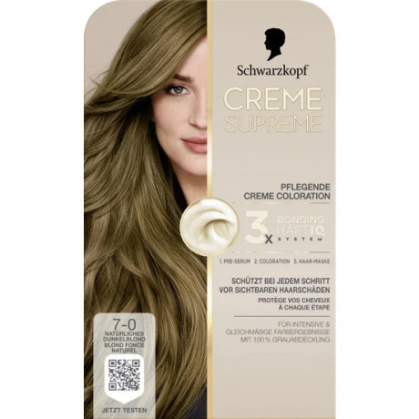 Schwarzkopf Creme Supreme Pflegende Coloration 7-0 Natuerliches Dunkelblond, 1 St., Schwarzkopf Creme Supreme стойкая крем-краска для волос 7-0 Натуральный темный блонд, 1 шт.